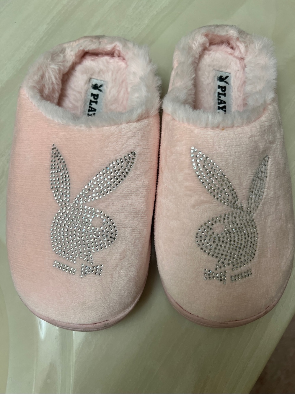 PLAYBOY Soft Plush Slip-On Slippers in Light Pink with Crystal Bunny Size Small